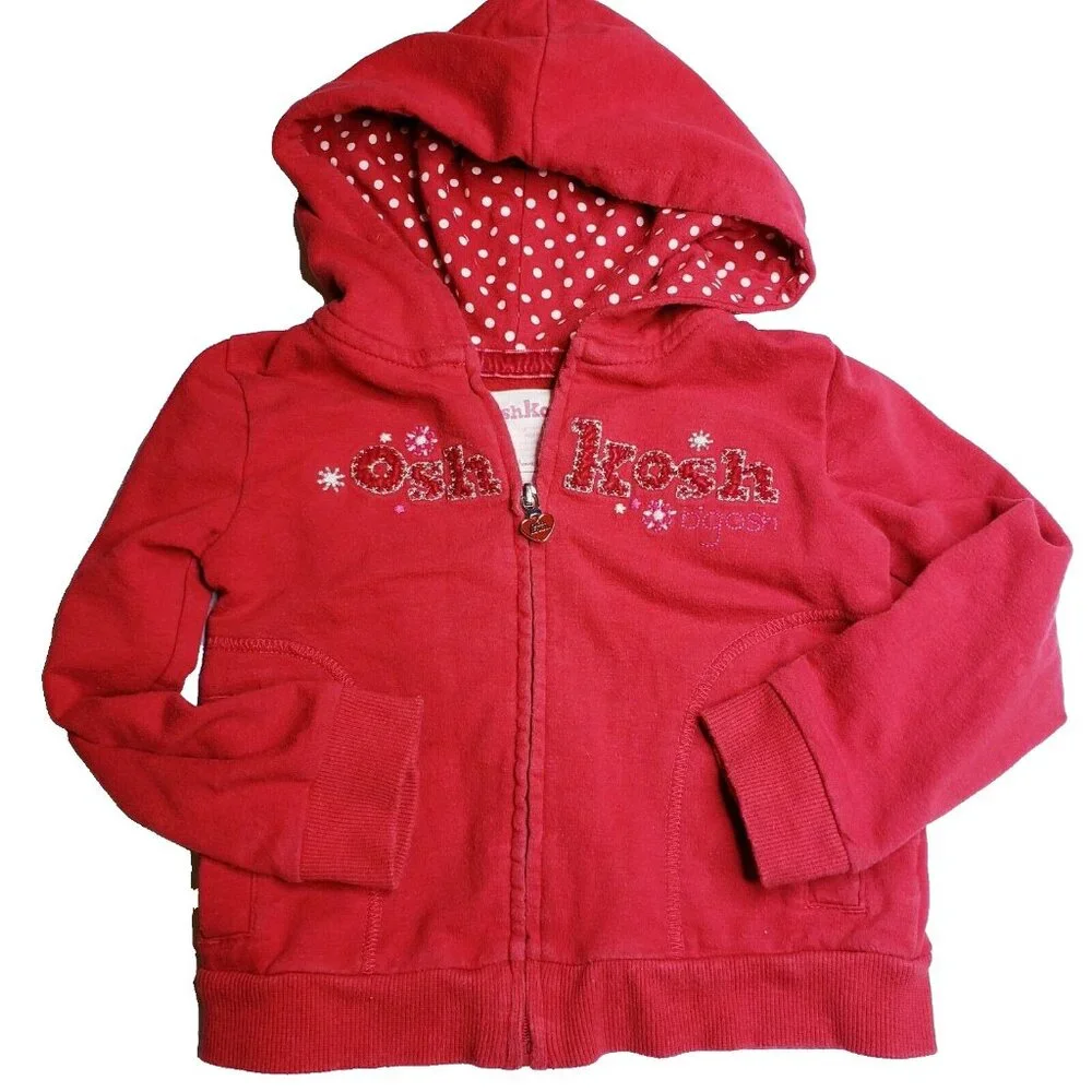 Osh Kosh Bgosh Girls' 2T Zip-up Sweater Hooded Jacket Red w/ Heart Zipper Pull